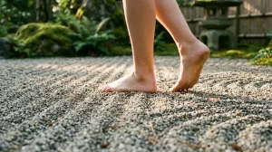 Nackte Füße gehen langsam über einen geharkten Kiesweg in einem japanischen Garten