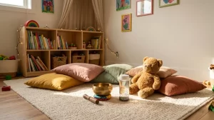 Gemütliche Kinderecke mit bunten Bodenkissen, Teddybär, kleiner Klangschale und Glitzerglas
