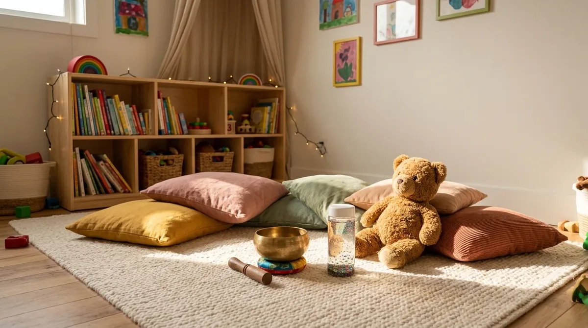 Gemütliche Kinderecke mit bunten Bodenkissen, Teddybär, kleiner Klangschale und Glitzerglas