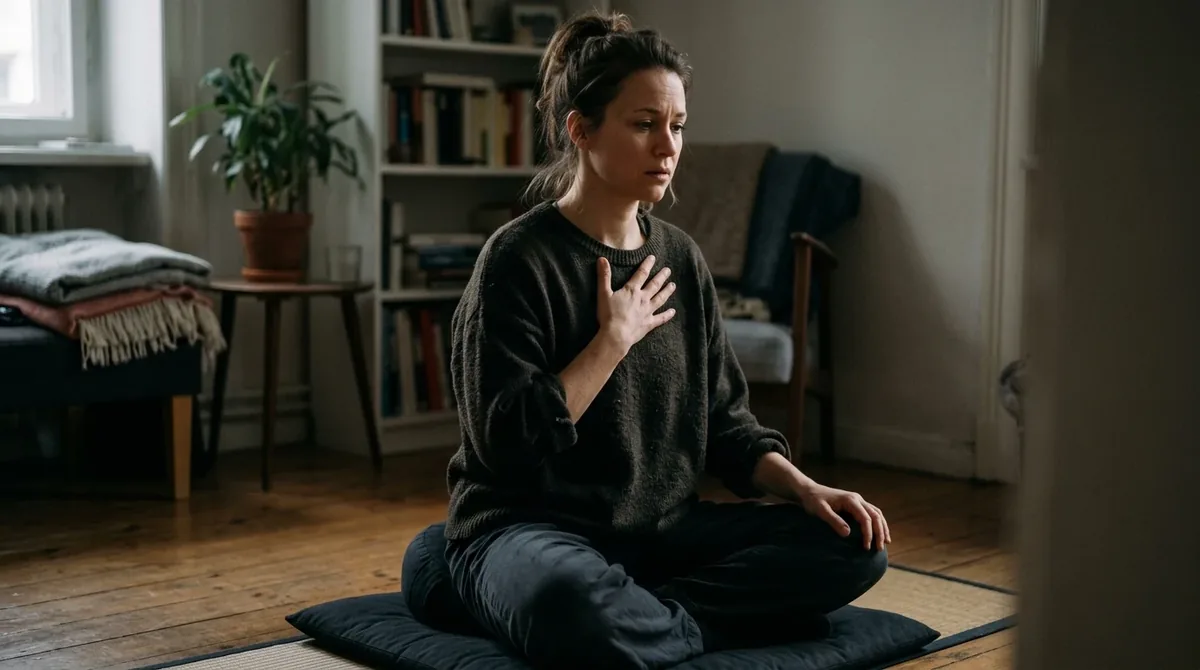 Frau sitzt mit offenen Augen und Hand auf der Brust nachdenklich auf einem Meditationskissen