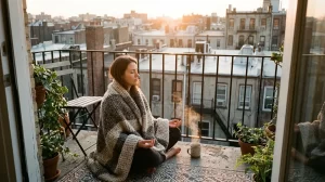 Frau meditiert bei Sonnenaufgang in eine Wolldecke gehüllt auf einem Stadtbalkon, daneben eine Kaffeetasse