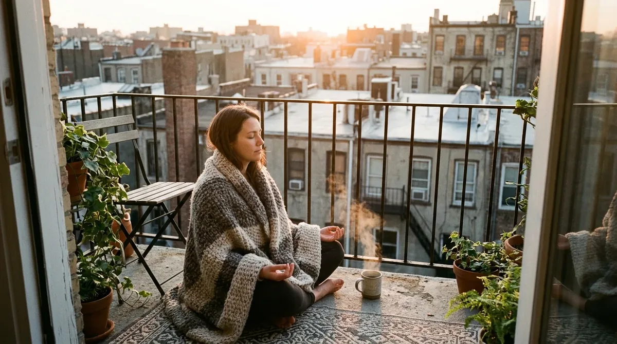 Frau meditiert bei Sonnenaufgang in eine Wolldecke gehüllt auf einem Stadtbalkon, daneben eine Kaffeetasse
