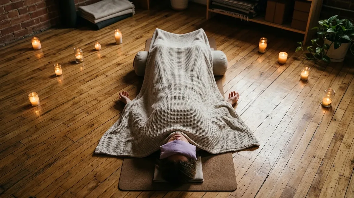 Person liegt in Savasana mit Augenkissen und Decke auf einer Yogamatte im Kerzenlicht
